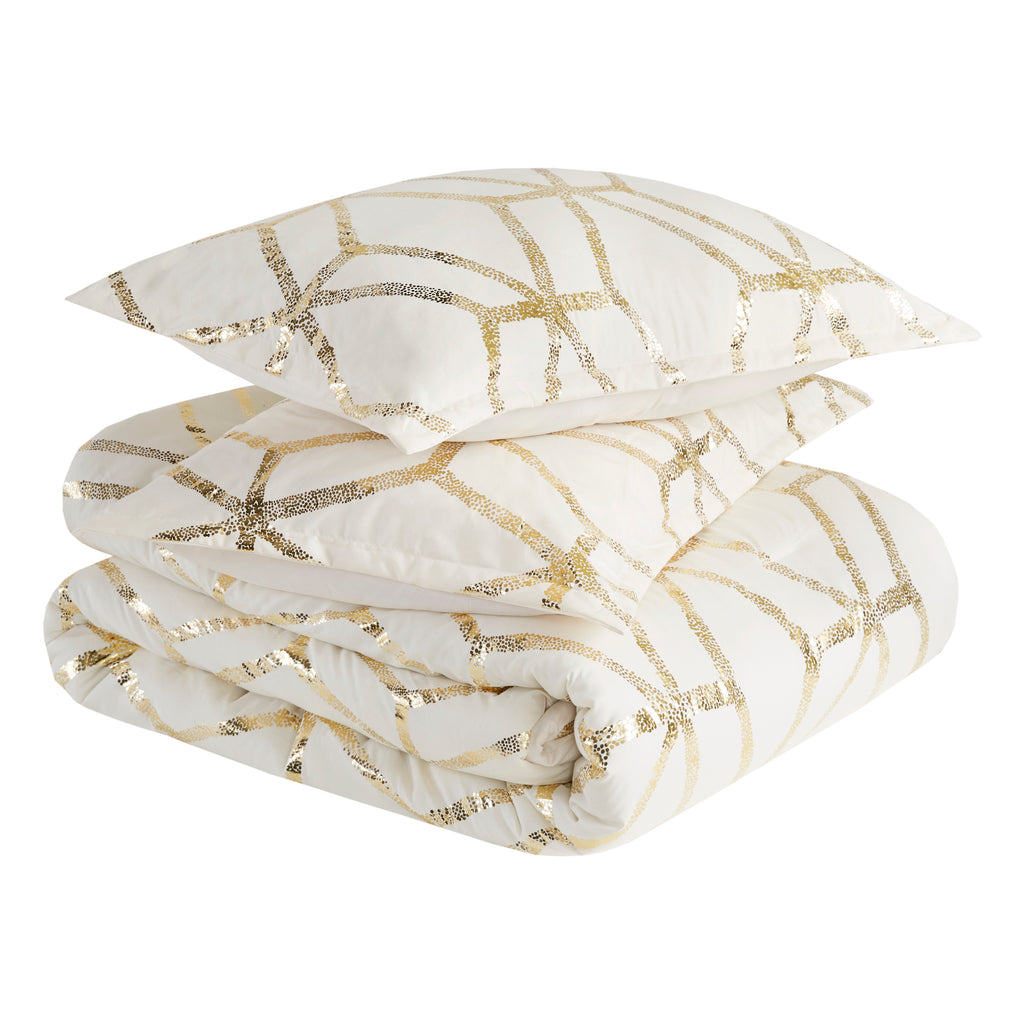 4-Piece Geometric Metallic Print Comforter Set Ivory/Gold Full/Queen D610578
