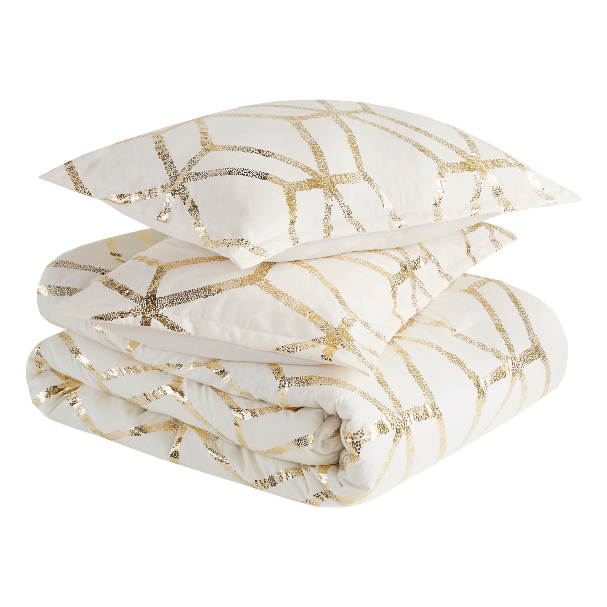 4-Piece Geometric Metallic Print Comforter Set Ivory/Gold Full/Queen D610578