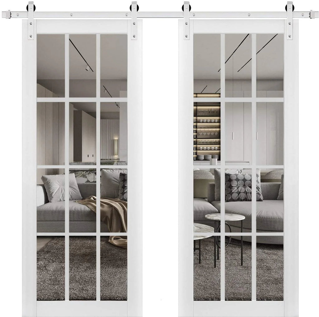 Double Barn Door with Clear Glass 12 lites Matte White Q2717