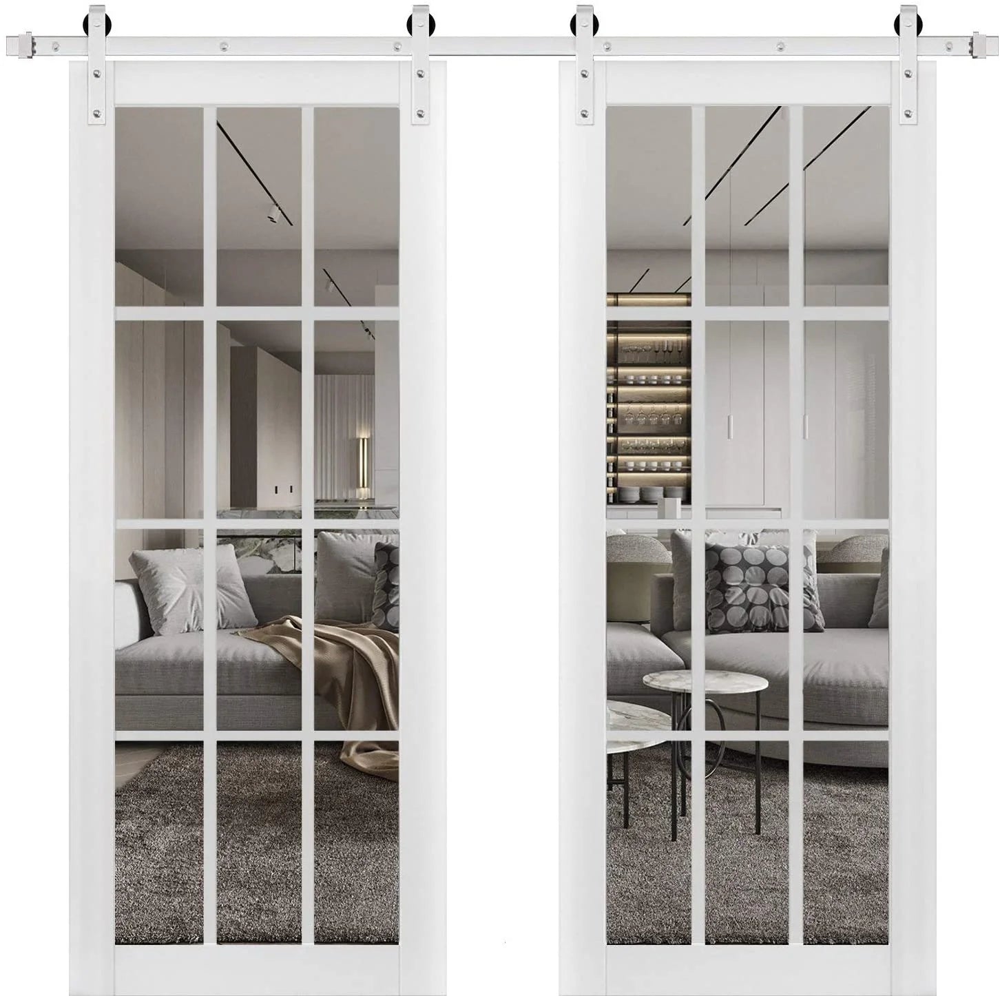 Double Barn Door with Clear Glass 12 lites Matte White Q2717