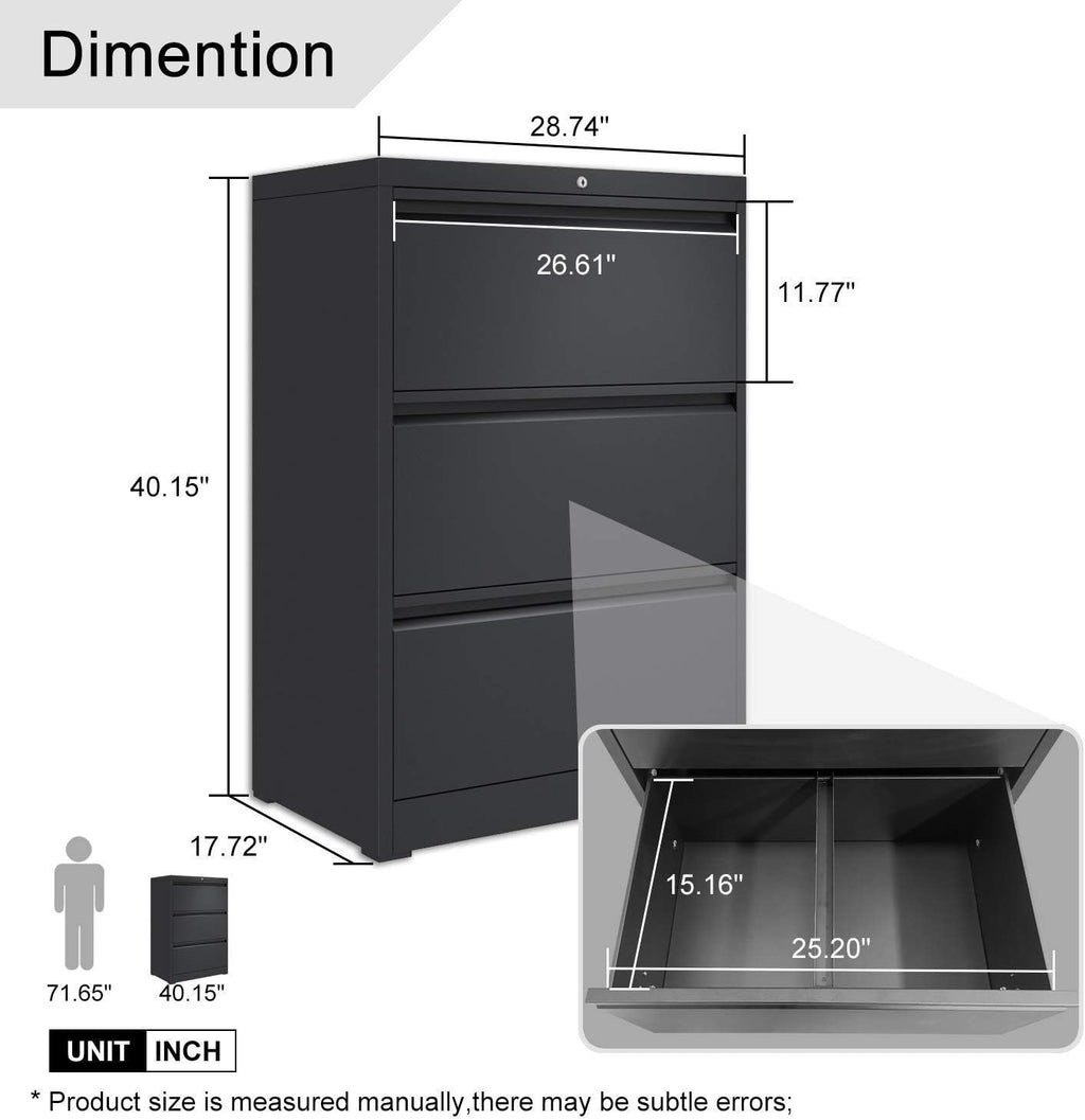 Black 3 Drawer Metal Lateral File Cabinet S744108