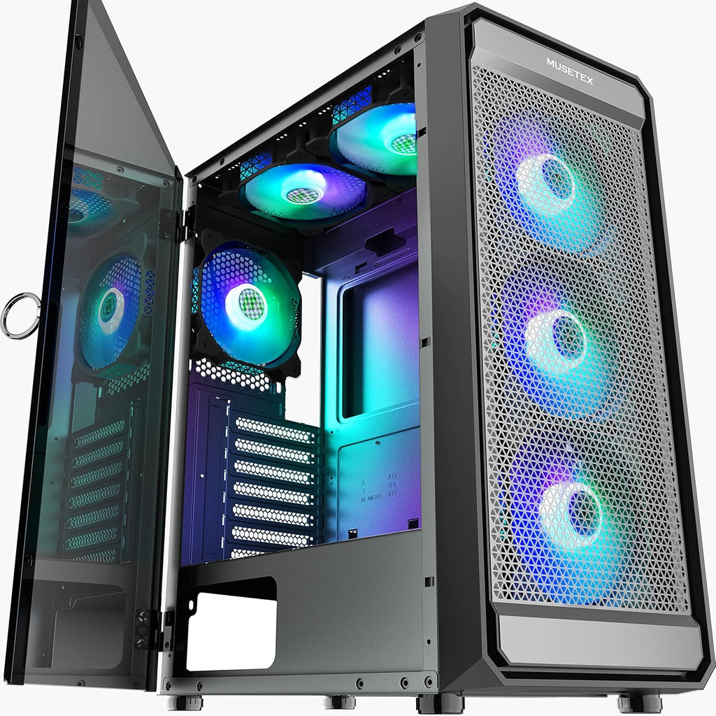 ATX PC Case with 6pcs ARGB Fans Type-C Port USB 3.0 Airflow Mid Tower Mesh Front Panel Tempered Glass Side Door Computer Gaming Cases L2094
