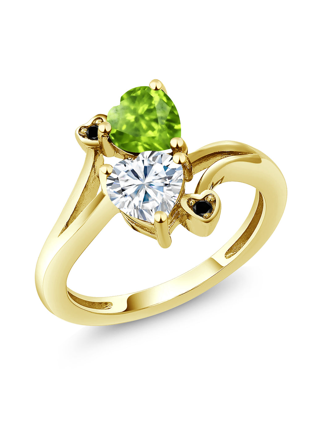 18K Yellow Gold Plated Silver Green Peridot White Moissanite and Black Diamond Ring (1.60 Cttw, Heart Shape 6MM) U7610