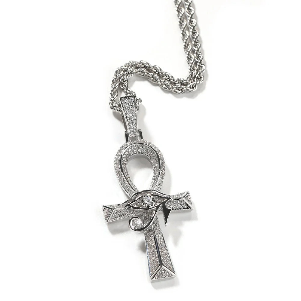 14K Gold Over Finish Simulated Diamond Eye Of Horus Ankh Cross Charm Pendant Necklace D854304