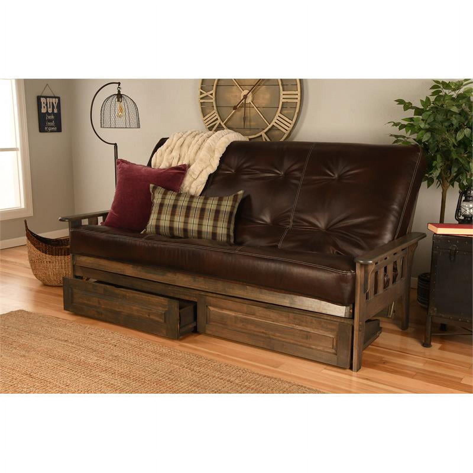 Rustic Walnut Brown Queen Wood Futon Frame with Storage Drawers O676982