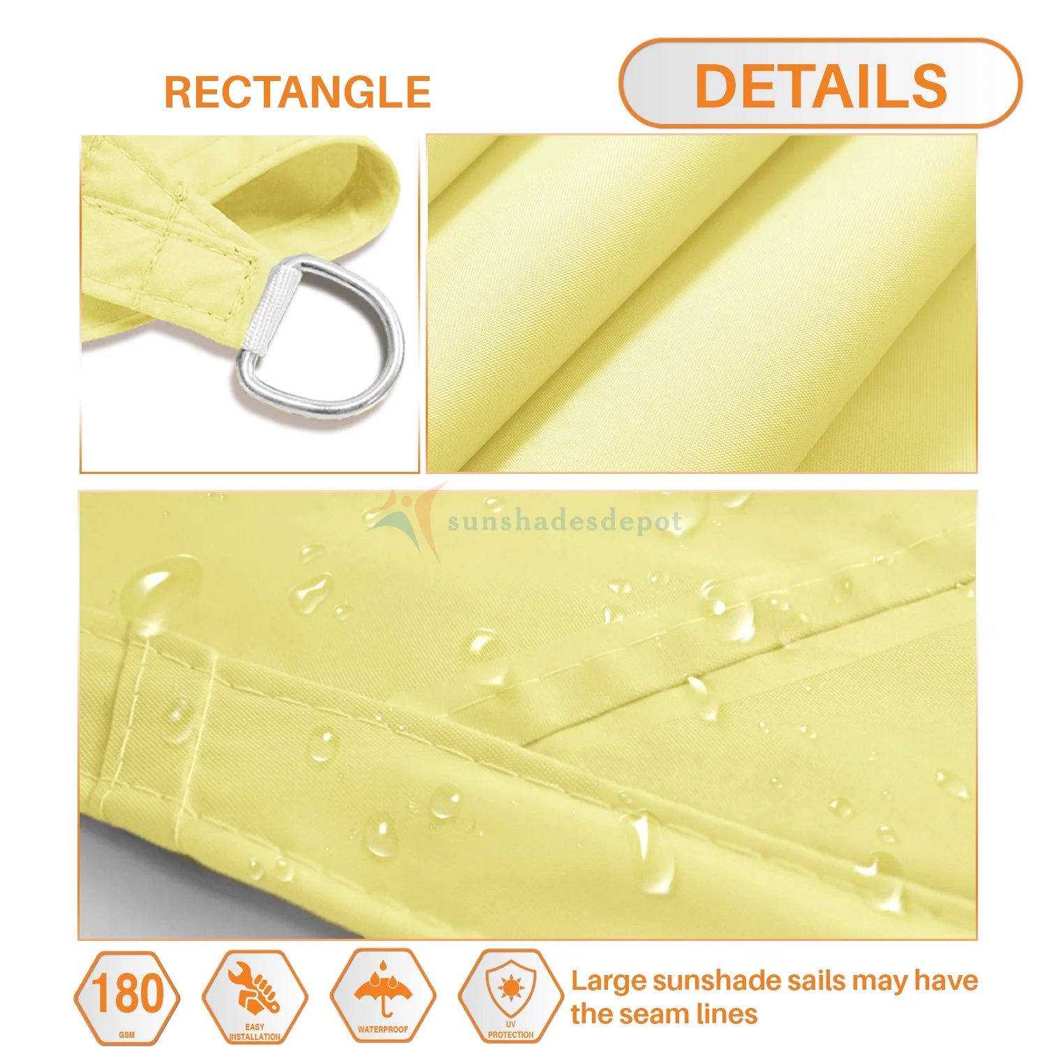 9' x 16' Waterproof Knitted Shade Sail Curved Edge Canary Yellow 180 GSM UV Block Canopy Replacement Awning D63618