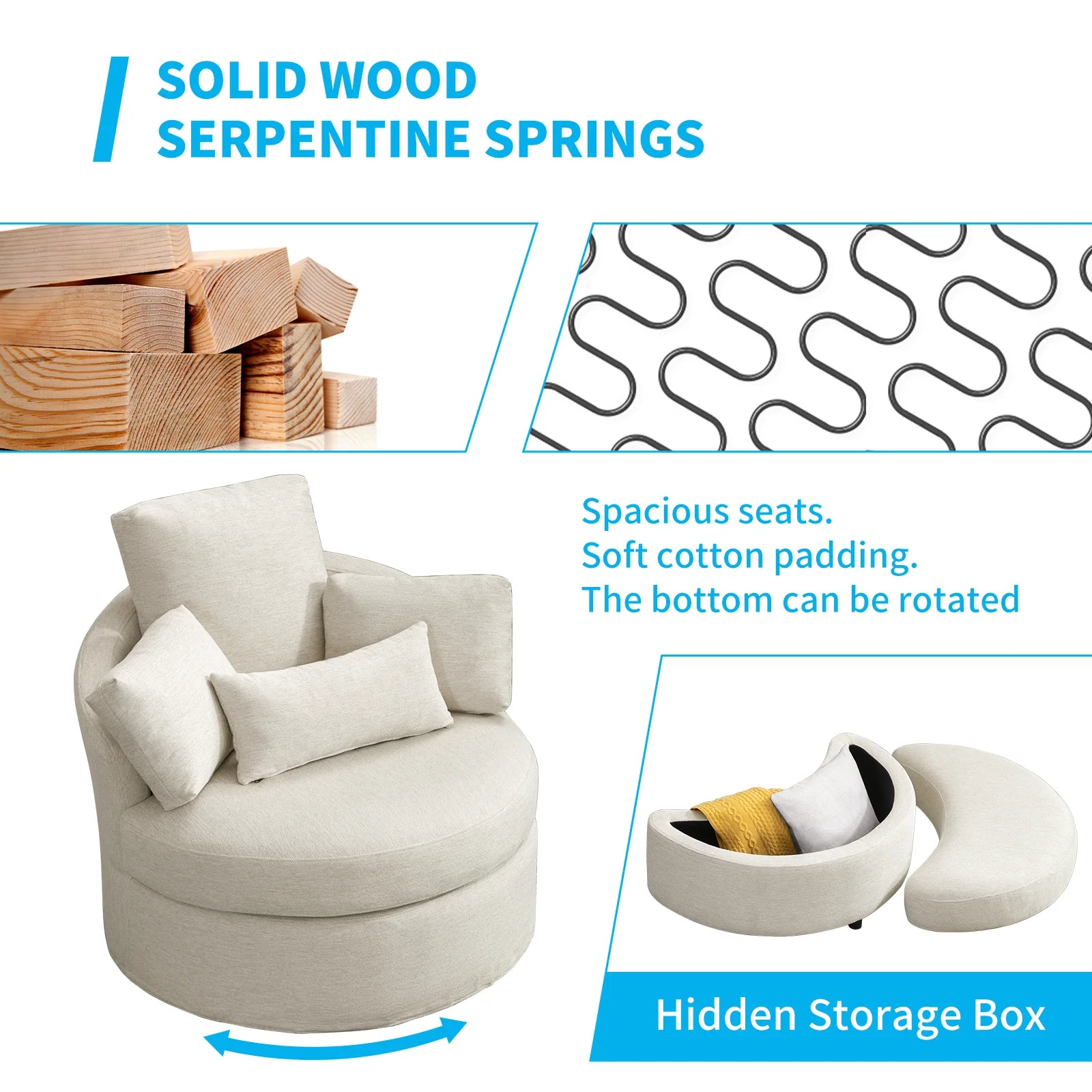 Beige Linen Fabric Swivel Accent Barrel Sofa Chair with Half Moon Storage Ottoman and 3 Pillows B601975