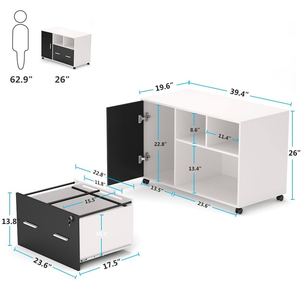 White/Black Mobile Lateral File Cabinet with Lock and Wheels P6681