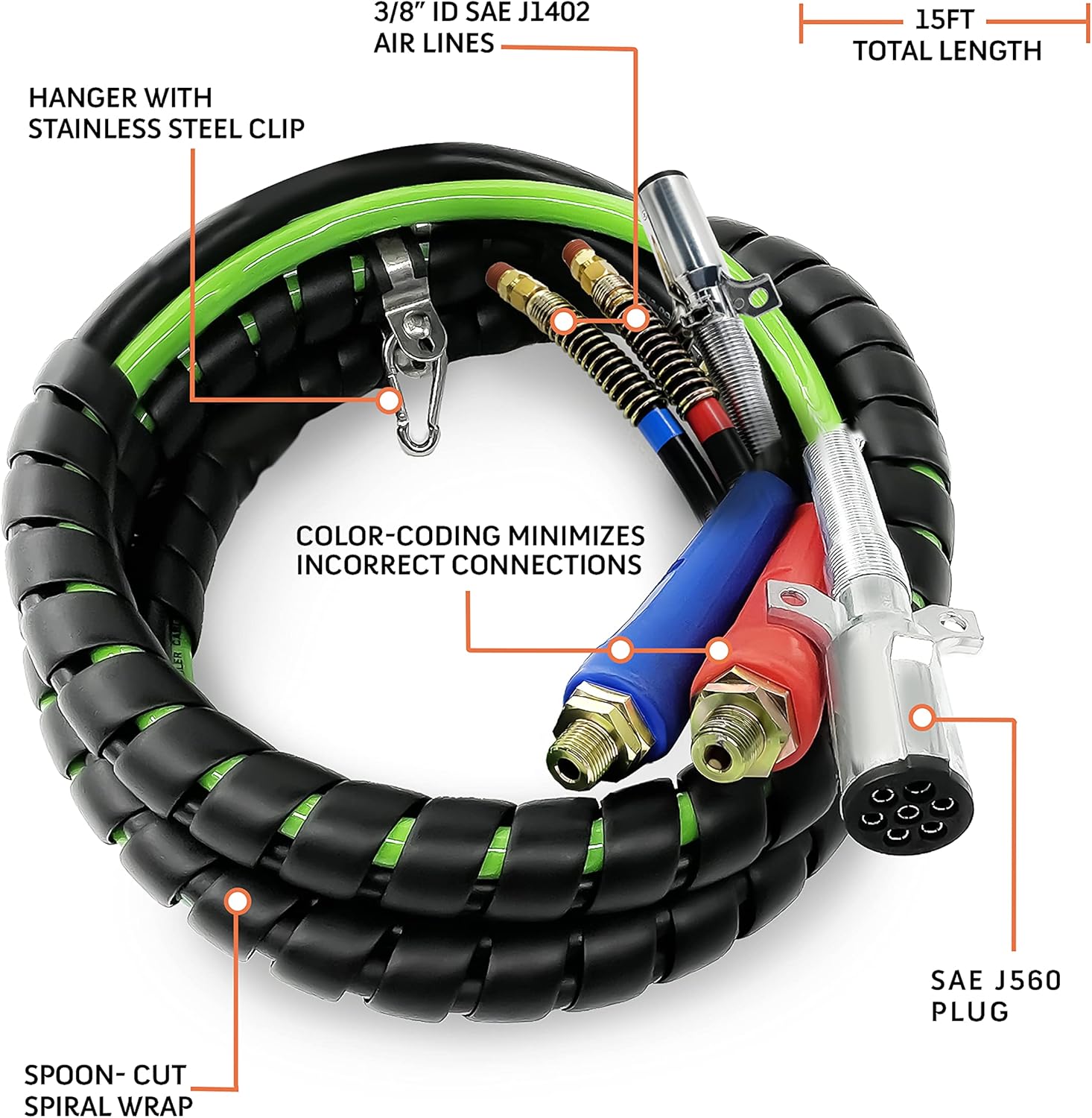 15ft 3 in 1 ABS & Power Air Line Hose Wrap 7 Way Electrical Cable with Handle Grip Z835
