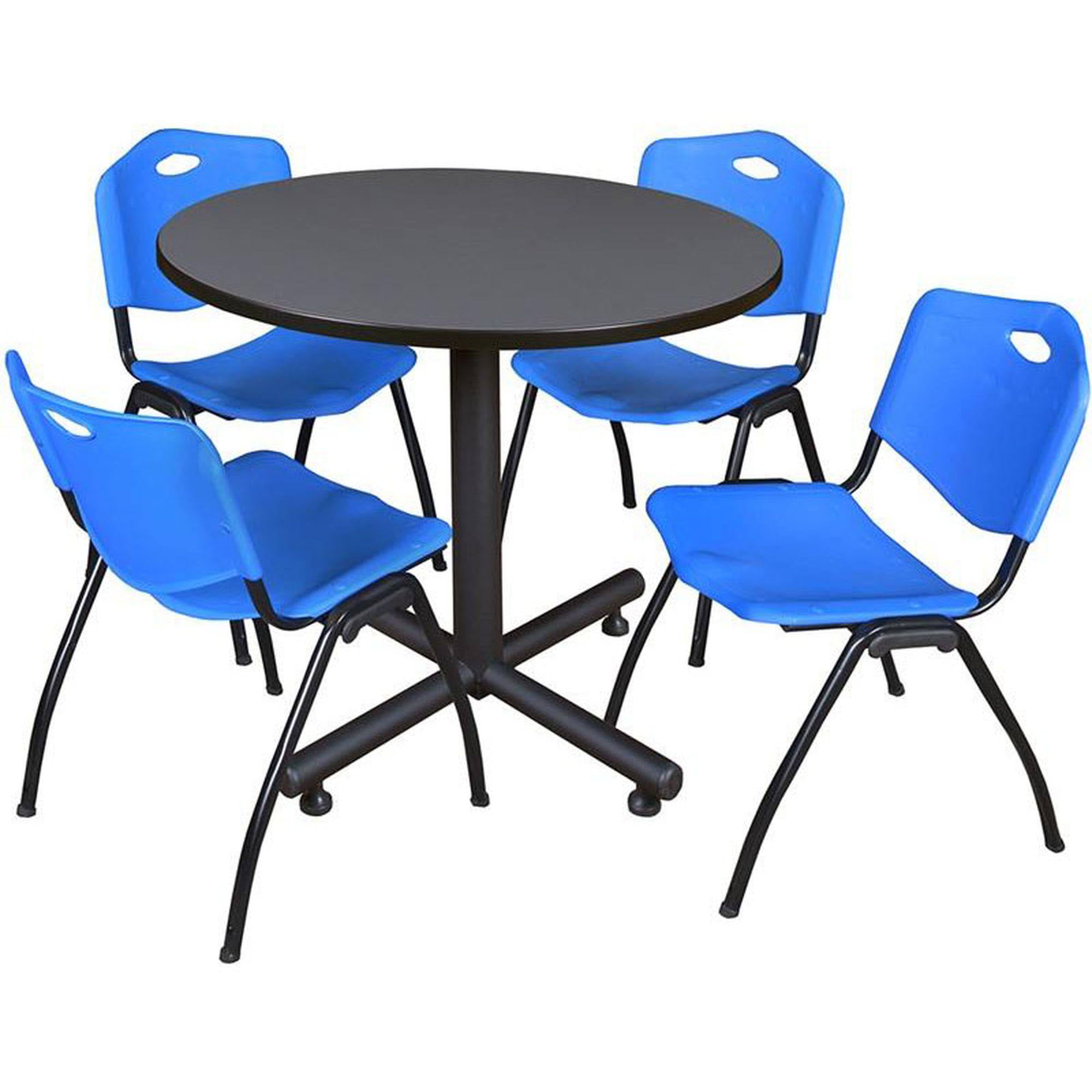 42x22 Round Breakroom Table Grey 4 Stack Chairs Blue Y5880
