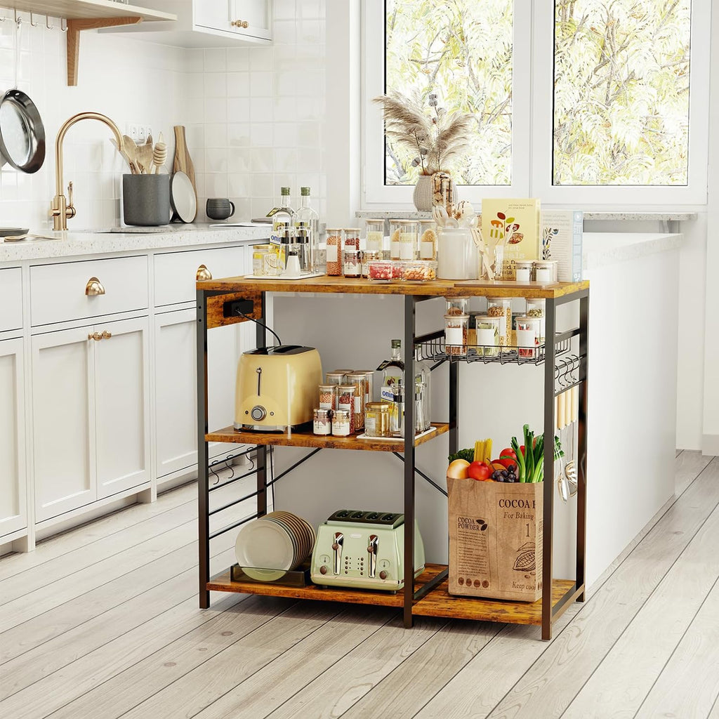 Rustic Brown Bakers Rack with Power Outlet, 5 Shelves Microwave Stand, Pull-Out Basket, 6 Hooks Q5263