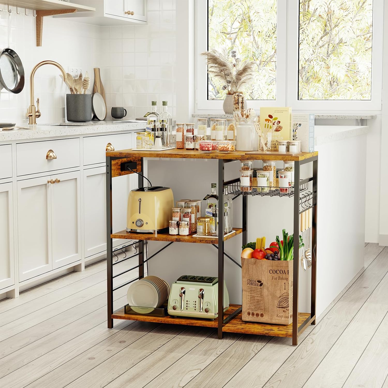 Rustic Brown Bakers Rack with Power Outlet, 5 Shelves Microwave Stand, Pull-Out Basket, 6 Hooks Q5263