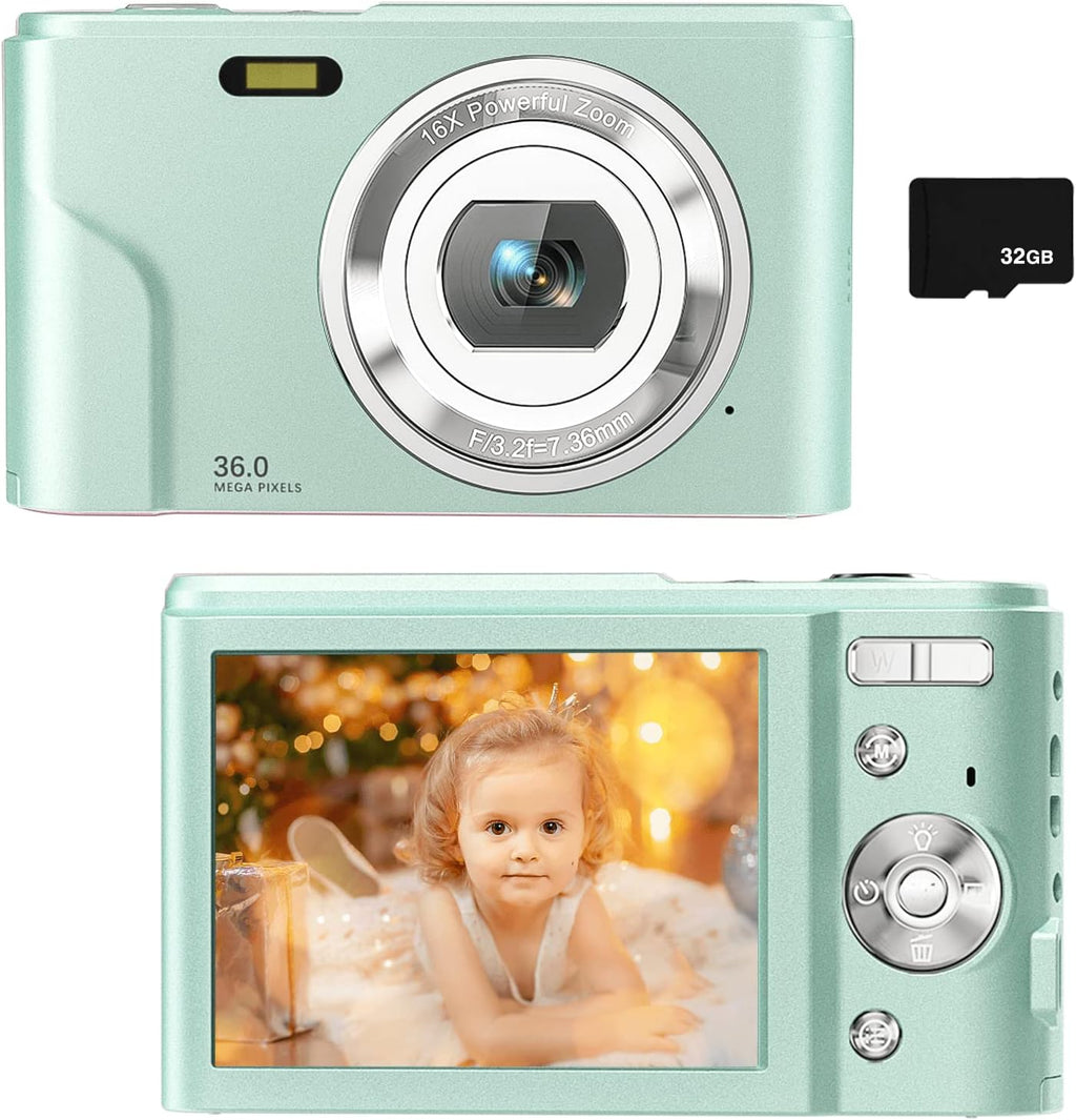 36MP Children's Camera with 32GB SD Card, Full HD 1080P Rechargeable Mini Camera (Light Blue) Y413