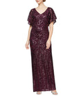 Sequin Flutter Sleeve Back Slit V-Neck Long Gown U827633