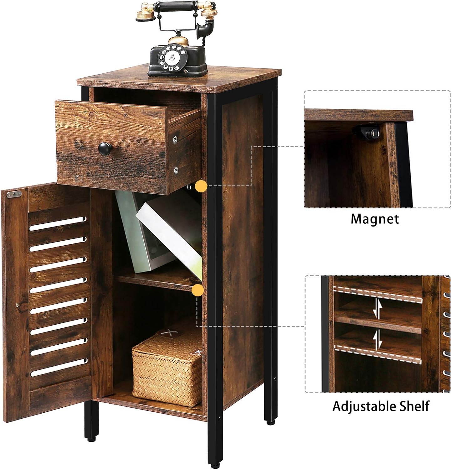 Rustic Brown Storage Cabinet with Drawer and Height-Adjustable Shelves O6266