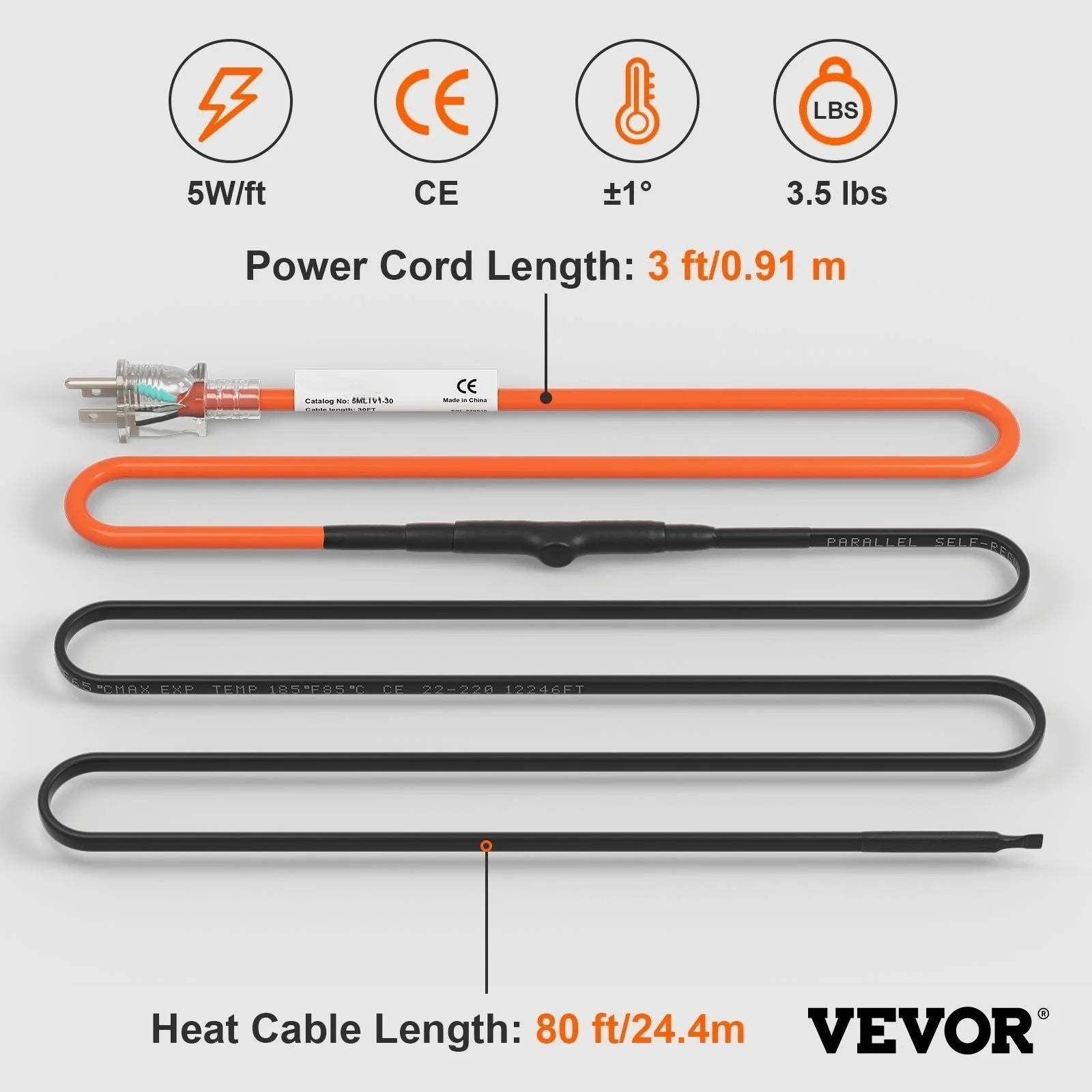 Self-Regulating Pipe Heating Cable, 80-feet 5W/ft Heat Tape, 120V D3740