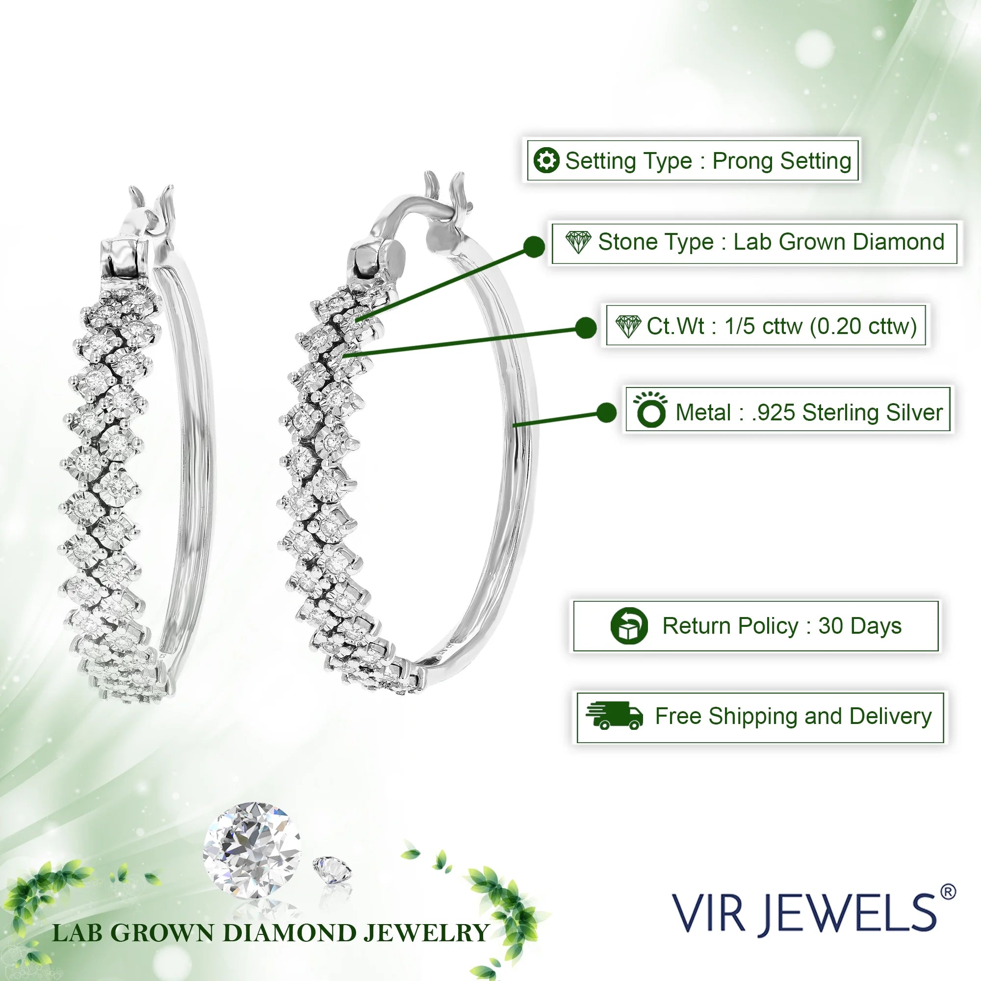 1/5 CTTW Lab Grown Diamond Hoop Earrings 925 Sterling Silver Z717447