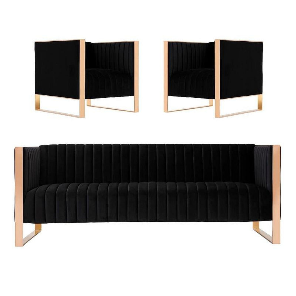 3-Piece Velvet Sofa & Armchair Set in Black V111245