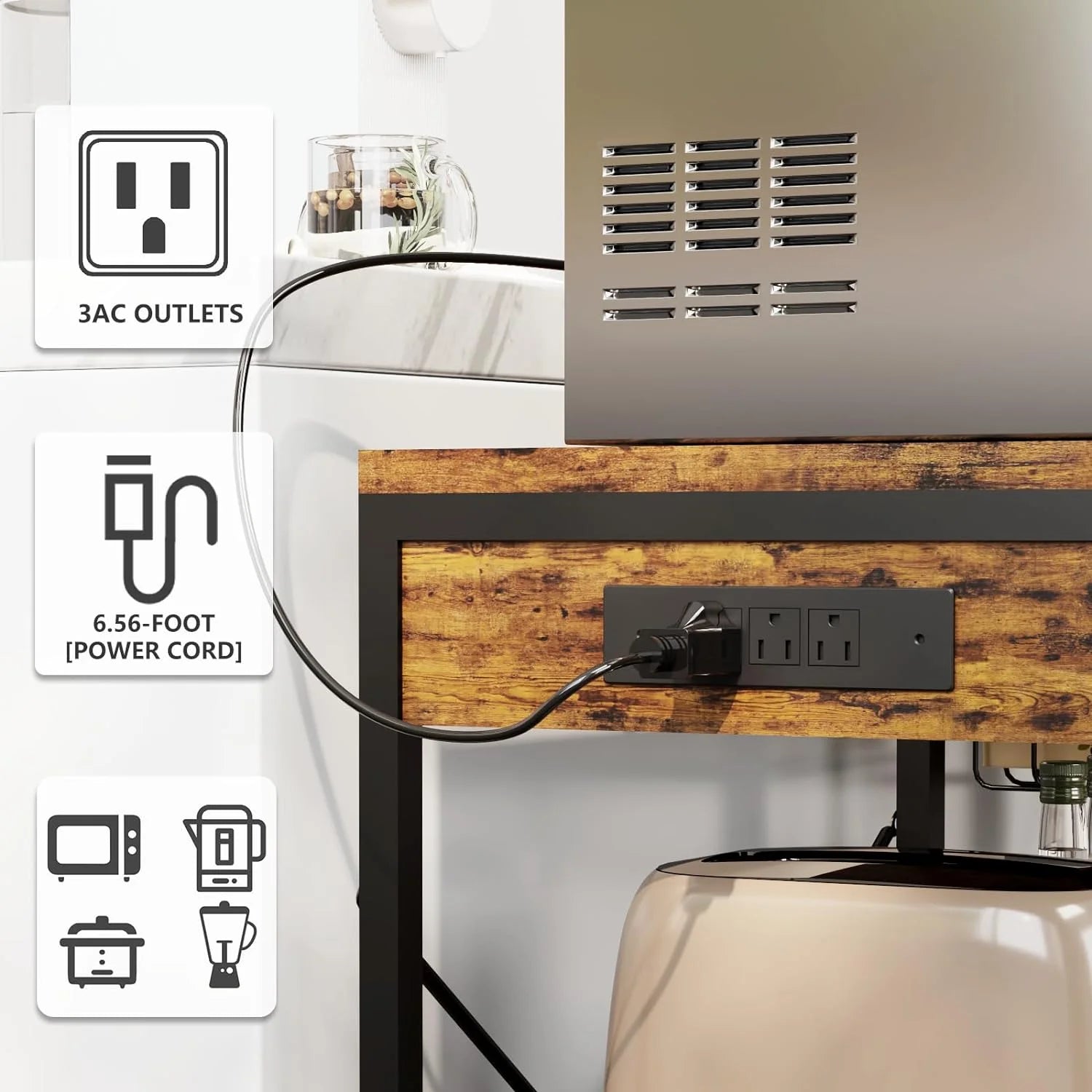 Rustic Brown Bakers Rack with Power Outlet, 5 Shelves Microwave Stand, Pull-Out Basket, 6 Hooks Q5263
