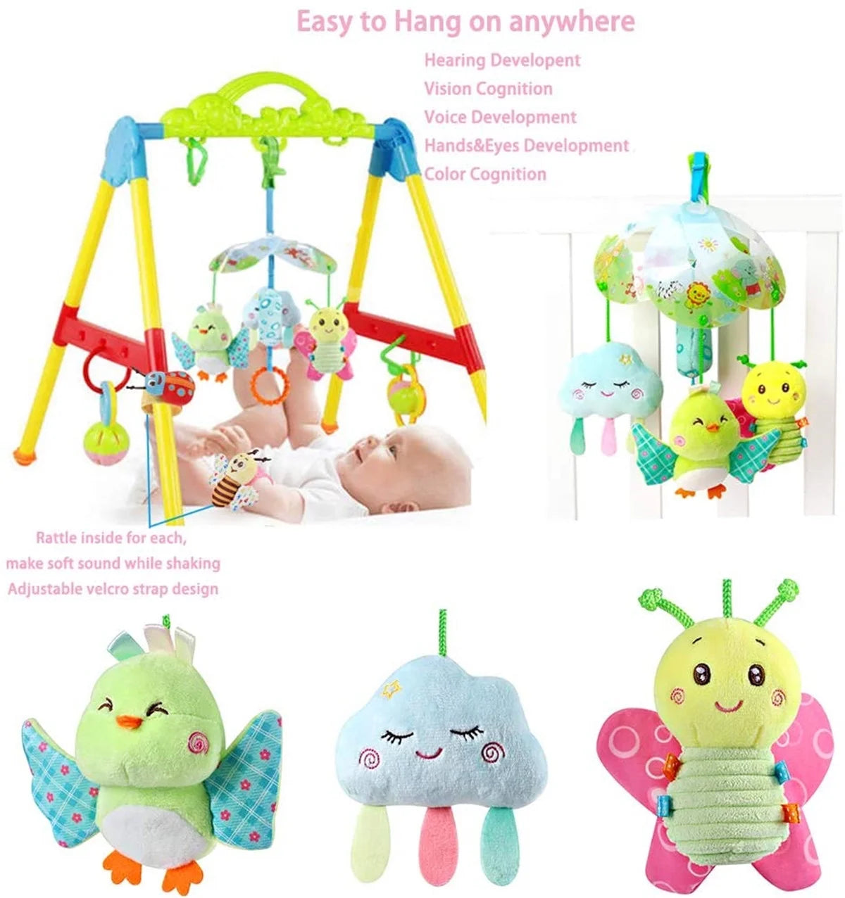 Baby Car Seat Toys Clip On Stroller Toy with Birds and Bees Hanging Rattle, Sensory Activity Toy, Two Wrist Rattles B6376
