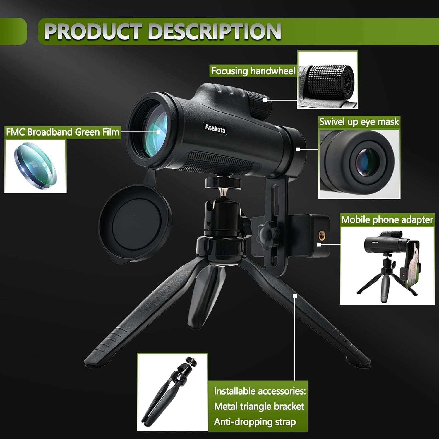 12x50 Waterproof Monocular with Smartphone Adapter & Tripod V7185