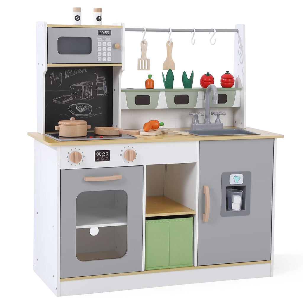 Kids Play Wooden Kitchen Toy Set with Cookware Accessories Microwave Fridge S5823
