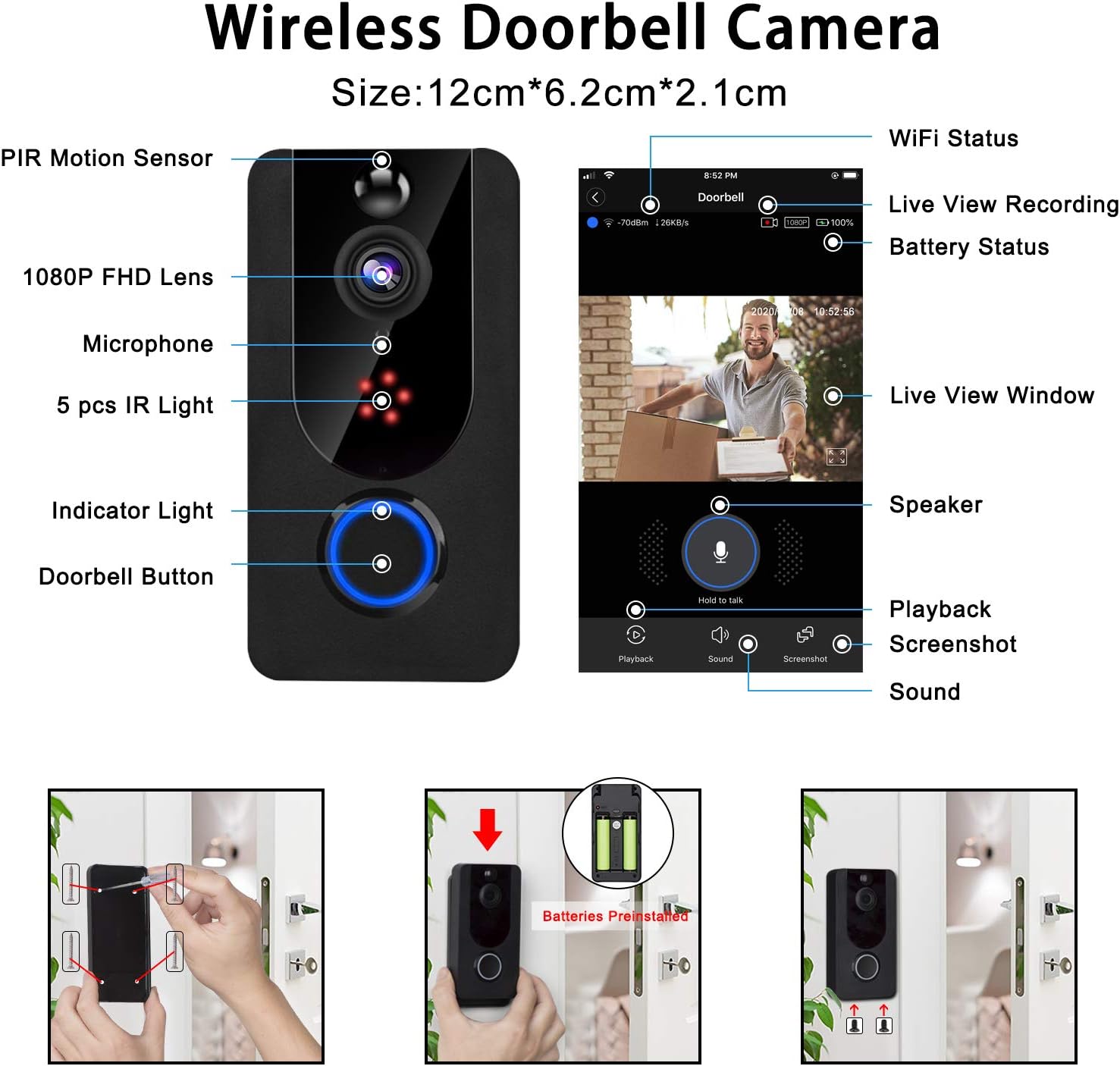 Wireless Doorbell Camera 1080P with Chime, PIR Motion Detection, IP65 Waterproof, 2-Way Audio, Night Vision, Pack of 2 T284