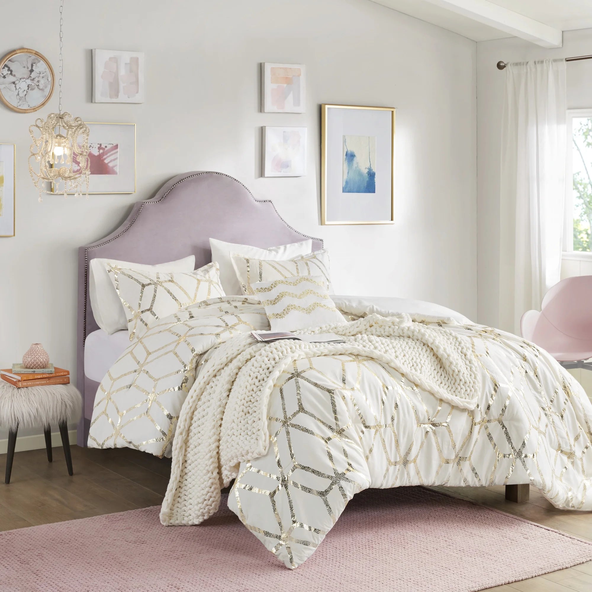 4-Piece Geometric Metallic Print Comforter Set Ivory/Gold Full/Queen D610578