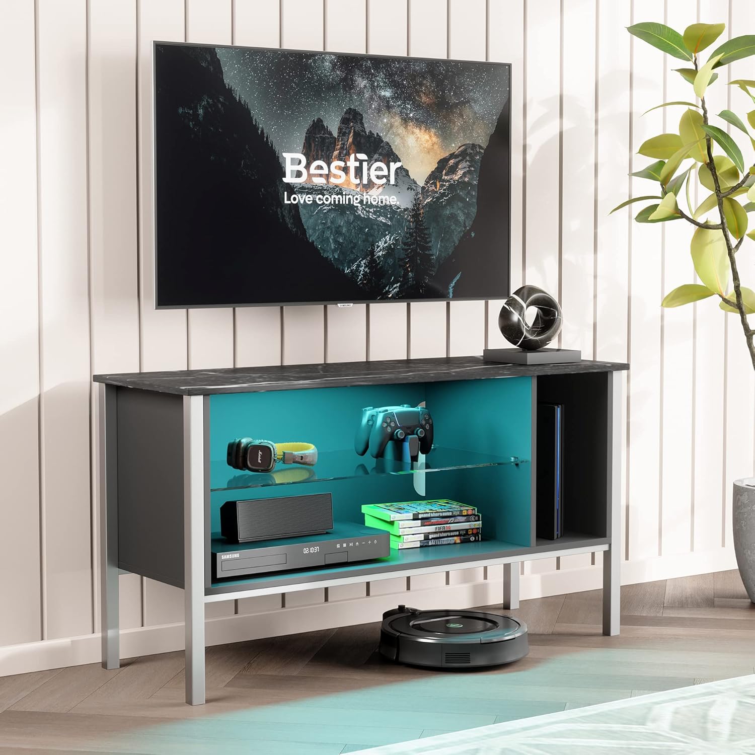 Black Carbon Fiber TV Stand with Glass Shelves F683231