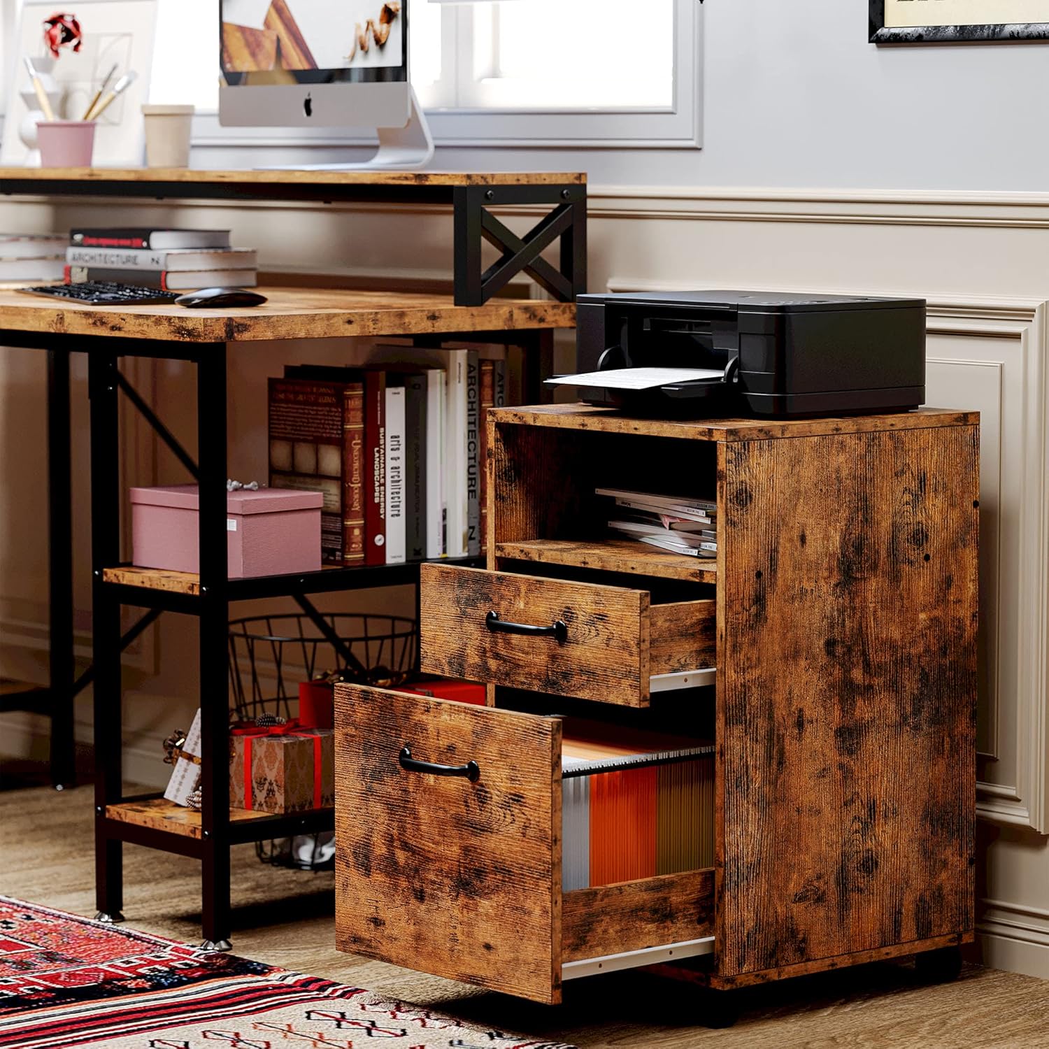 Vintage Brown Mobile Filing Cabinet with Storage S97965