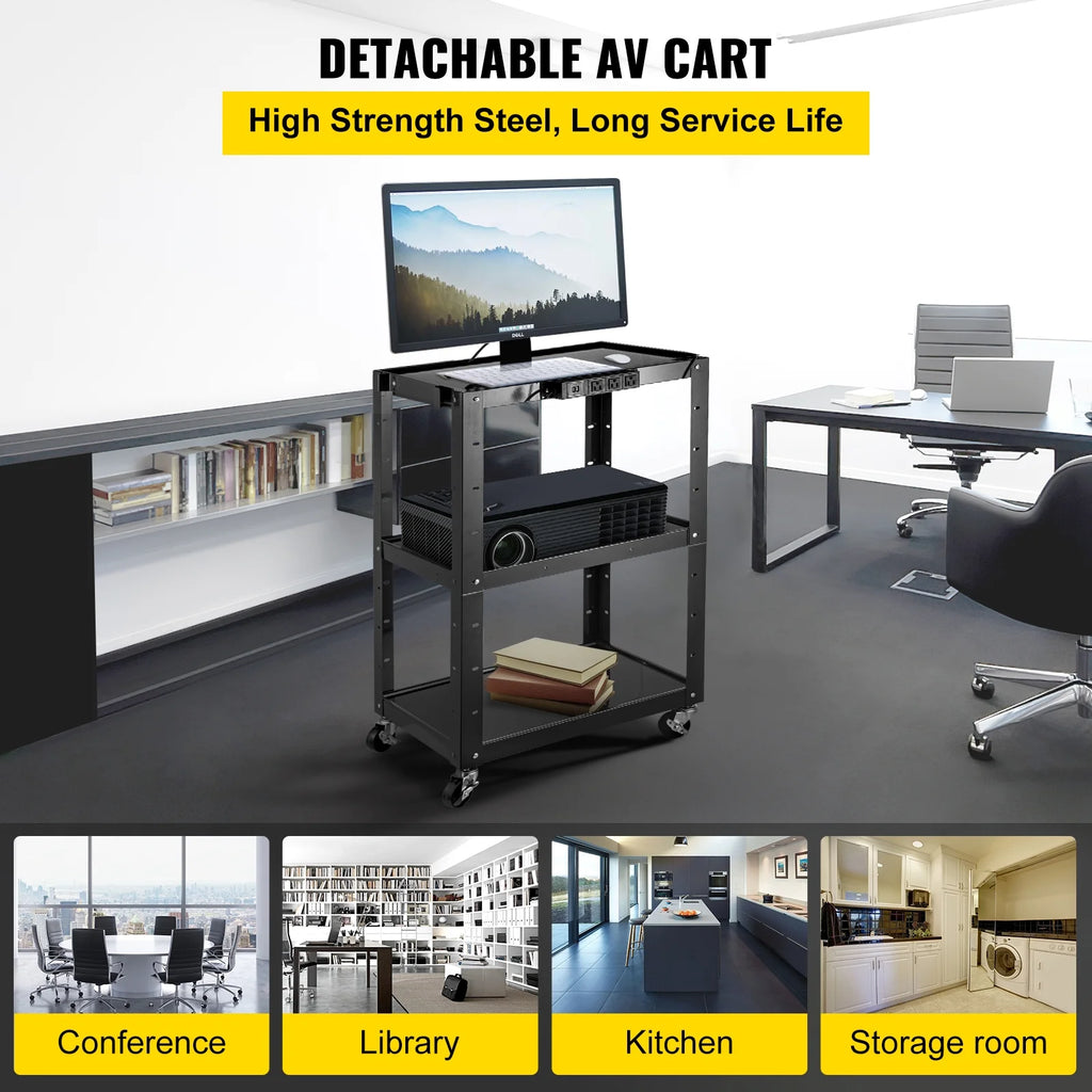 3-Shelf Steel AV Cart with Electric Power Cord U106