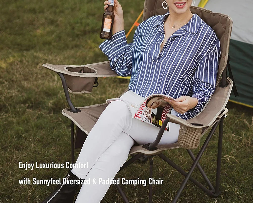 Oversized Heavy Duty Padded Folding Camping Chair With Armrest Cup Holder & Side Pocket T540148