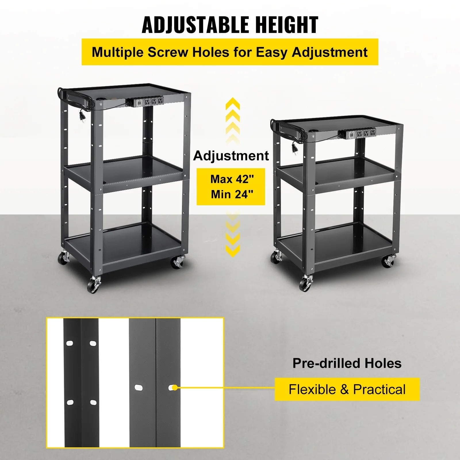 3-Shelf Steel AV Cart with Electric Power Cord U106