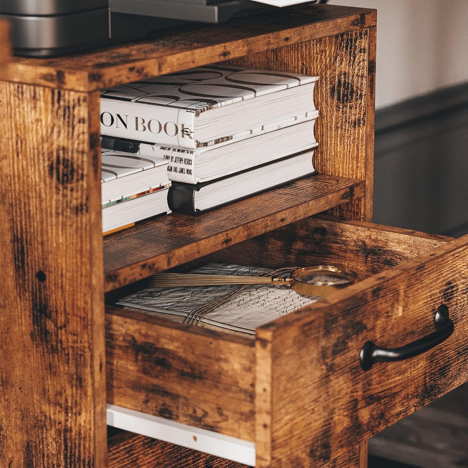 Vintage Brown Mobile Filing Cabinet with Storage S97965
