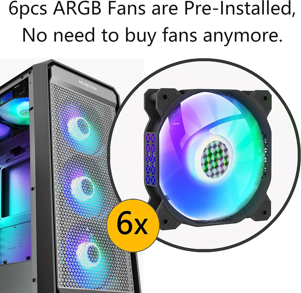 ATX PC Case with 6pcs ARGB Fans Type-C Port USB 3.0 Airflow Mid Tower Mesh Front Panel Tempered Glass Side Door Computer Gaming Cases L2094