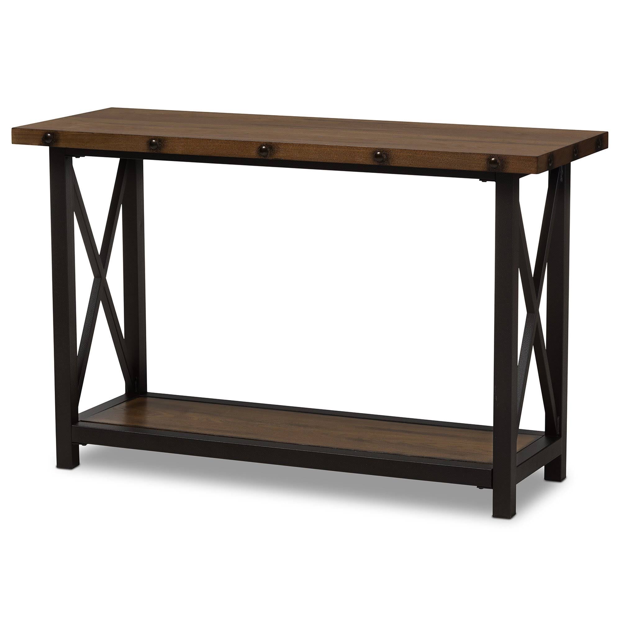 Antique Black Textured Metal Distressed Wood Console Table I556