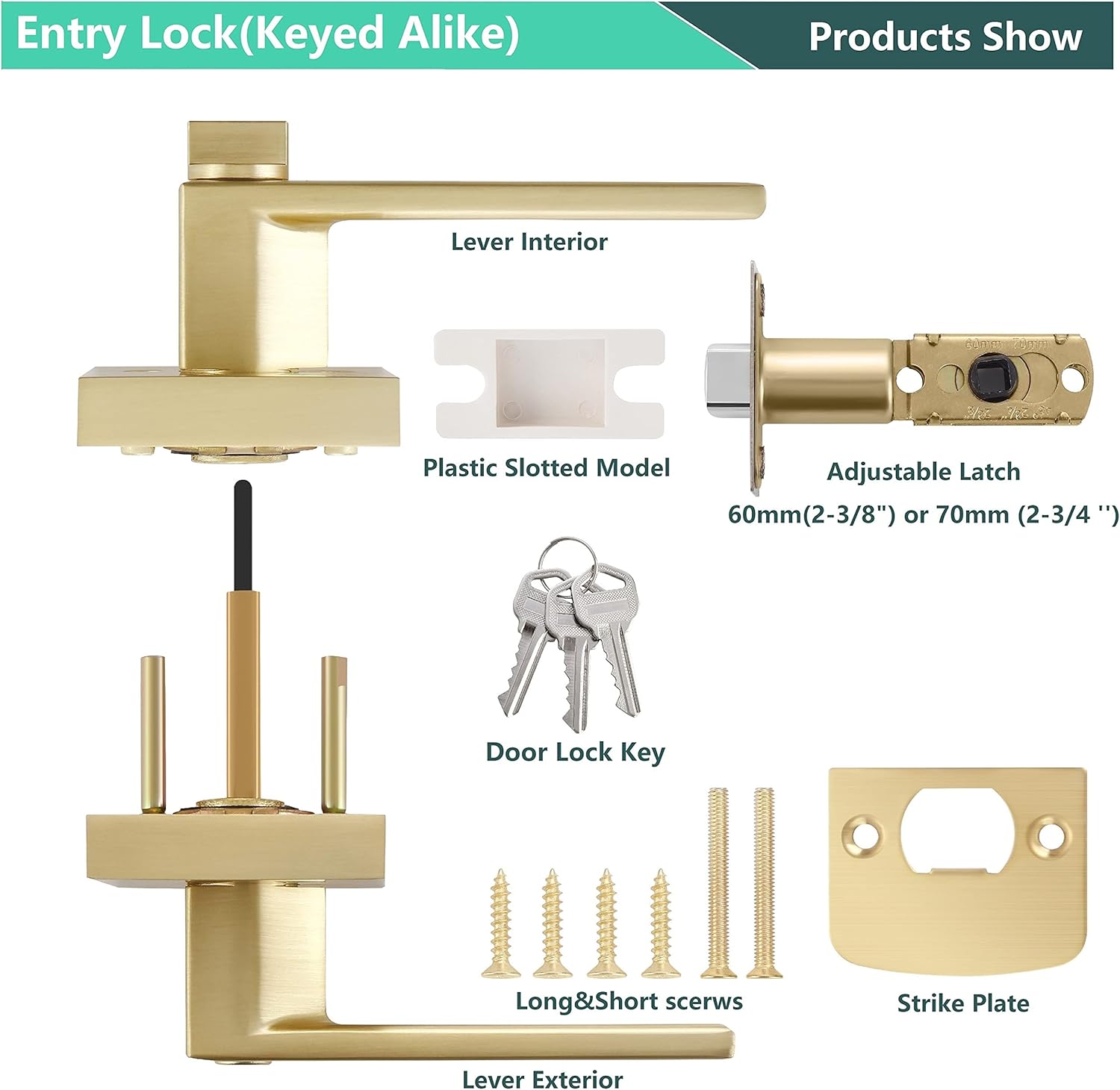 4 Pack Square Euro Style Door Leversets in Stain Brass Finish with Keys D2567
