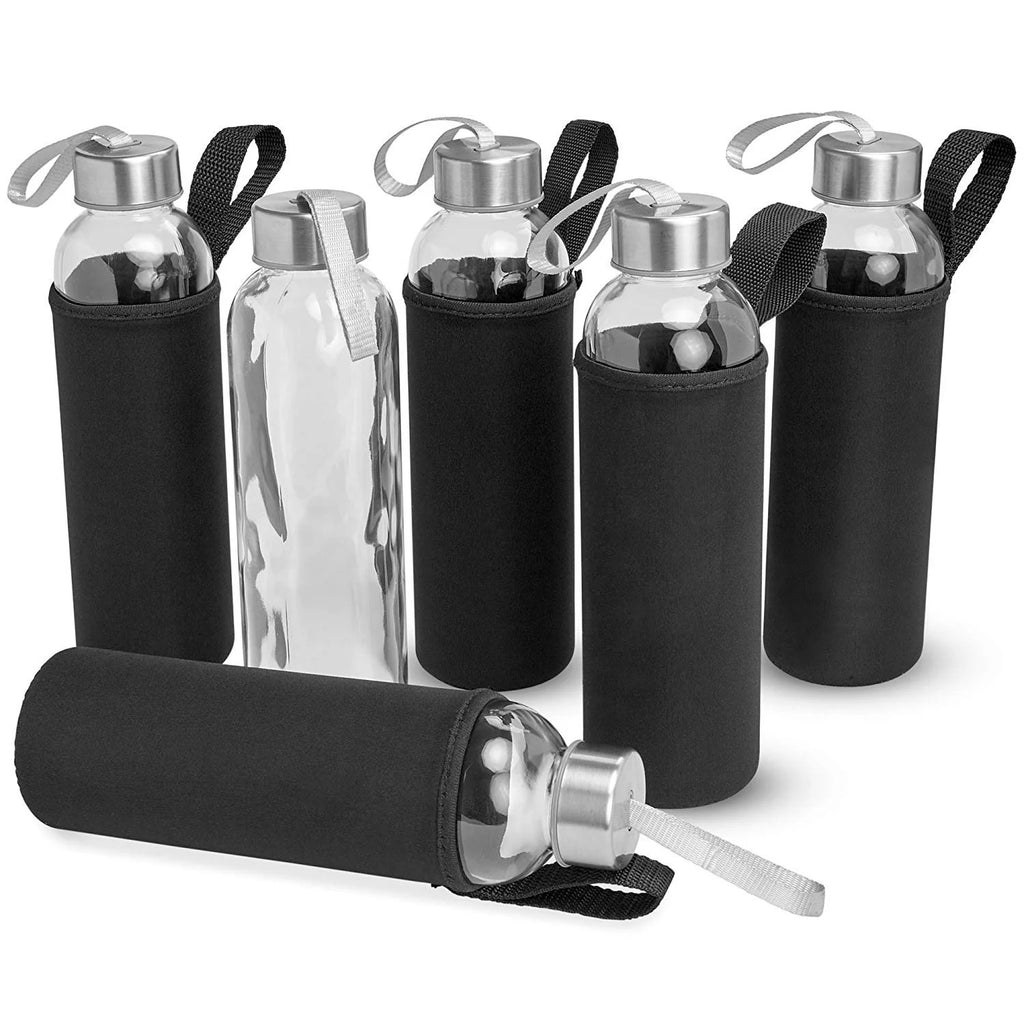 18 oz Pack of 6 Glass Water Bottles with Lids and Sleeves O24581