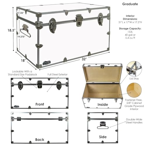 XL Graduate Storage Trunk w/Tray - STEEL Footlocker - 32 x 18 x 18.5 Inches (White) Q797