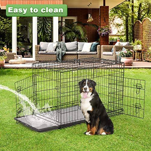 48 inch Large Dog Crate Metal Wire Double-Door Folding Pet Cage with Plastic Tray Y638