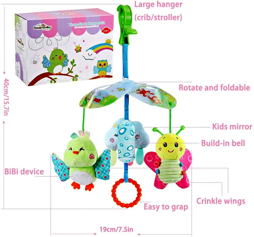 Baby Car Seat Toys Clip On Stroller Toy with Birds and Bees Hanging Rattle, Sensory Activity Toy, Two Wrist Rattles B6376