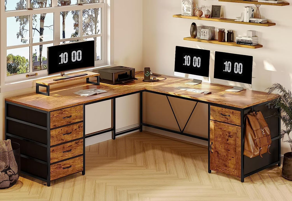 Rustic Brown 63" Reversible L Shaped Desk with Power Outlet, 5 Drawer Z75598