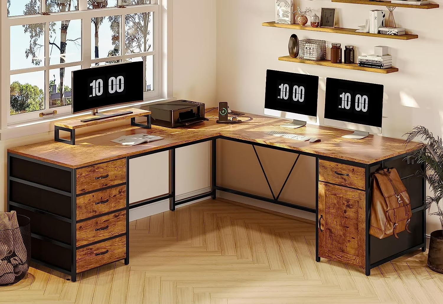 Rustic Brown 63" Reversible L Shaped Desk with Power Outlet, 5 Drawer Z75598