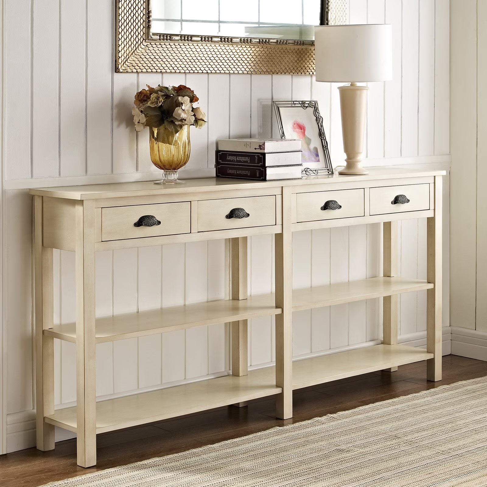 Cream Crackle 4-Drawer Console Table with Shelf D54906