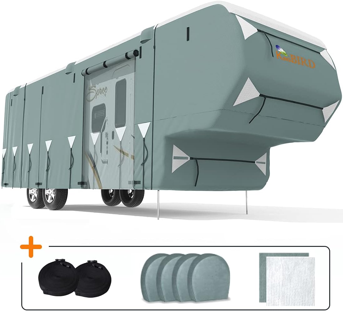 5th Wheel RV Cover, Extra-Thick 5 Layers Anti-UV Top Panel, Fits 37'-41' Motorhome with 2Pcs Extra Straps & 4 Tire Covers L98897