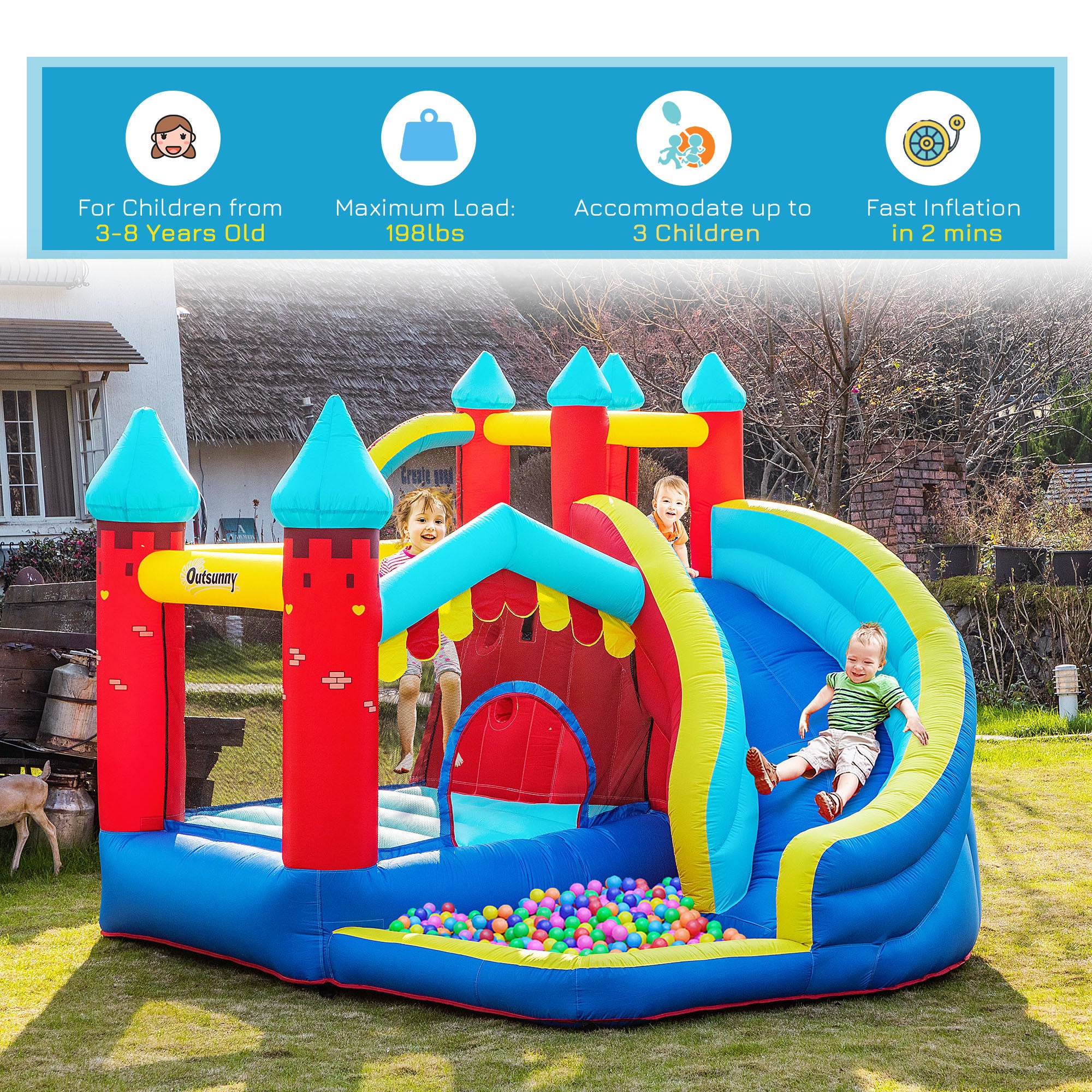 4 in 1 Inflatable Bounce House with Slide, Climbing Wall, and Pool or Ball Pit S127