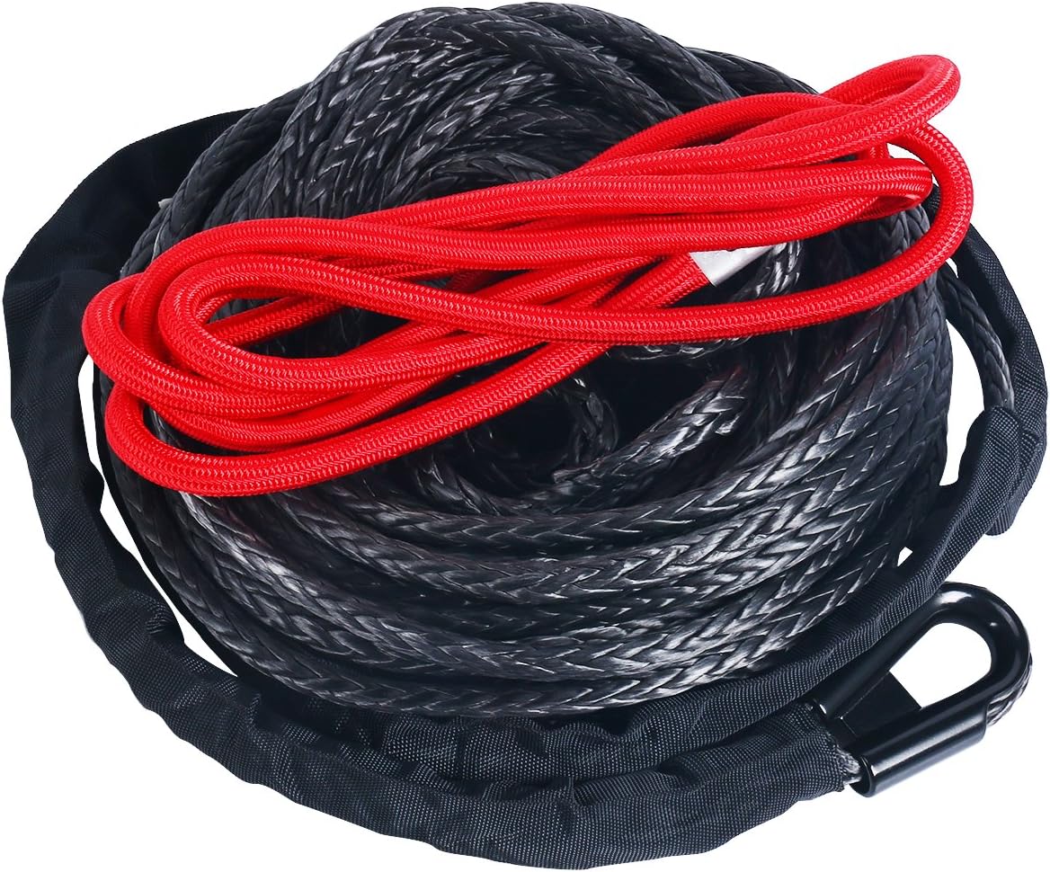 Black Synthetic Winch Rope Line Cable with Protective Sleeve and Rock Heat Guard, 22000lbs, Pack of 2 S715236