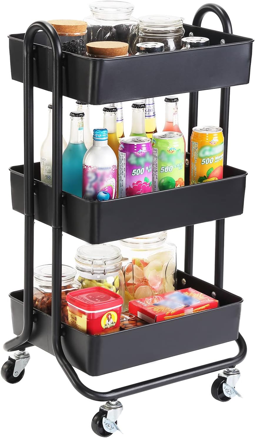 White 3-Tier Metal Rolling Utility Cart with Handle G5445