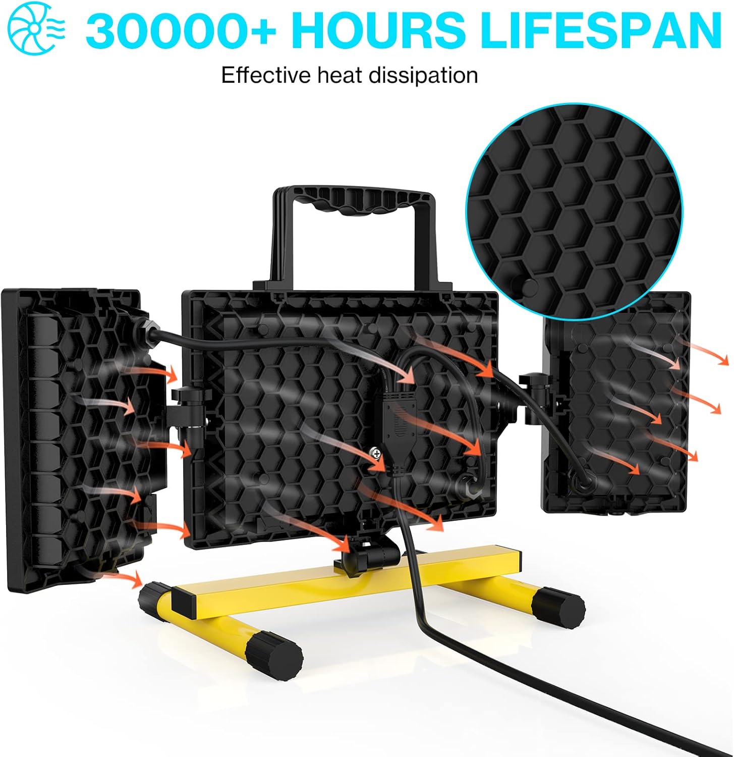 80W LED Work Light, 3 Adjustable Heads, 7200LM, IP65 Waterproof, 6500K Daylight White, 16.4ft Power Cord, Pack of 2 Z283361