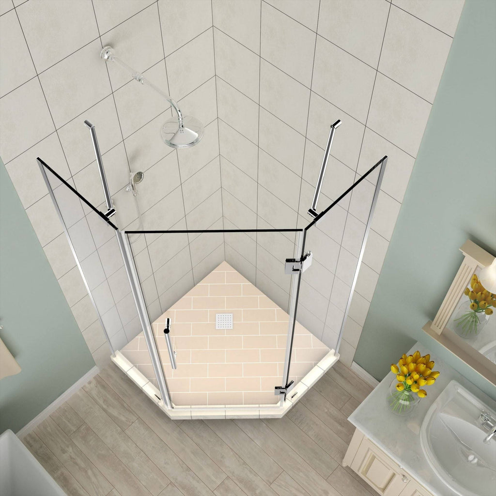 Frameless Hinged Neo-Angle Shower Enclosure in Stainless Steel O168